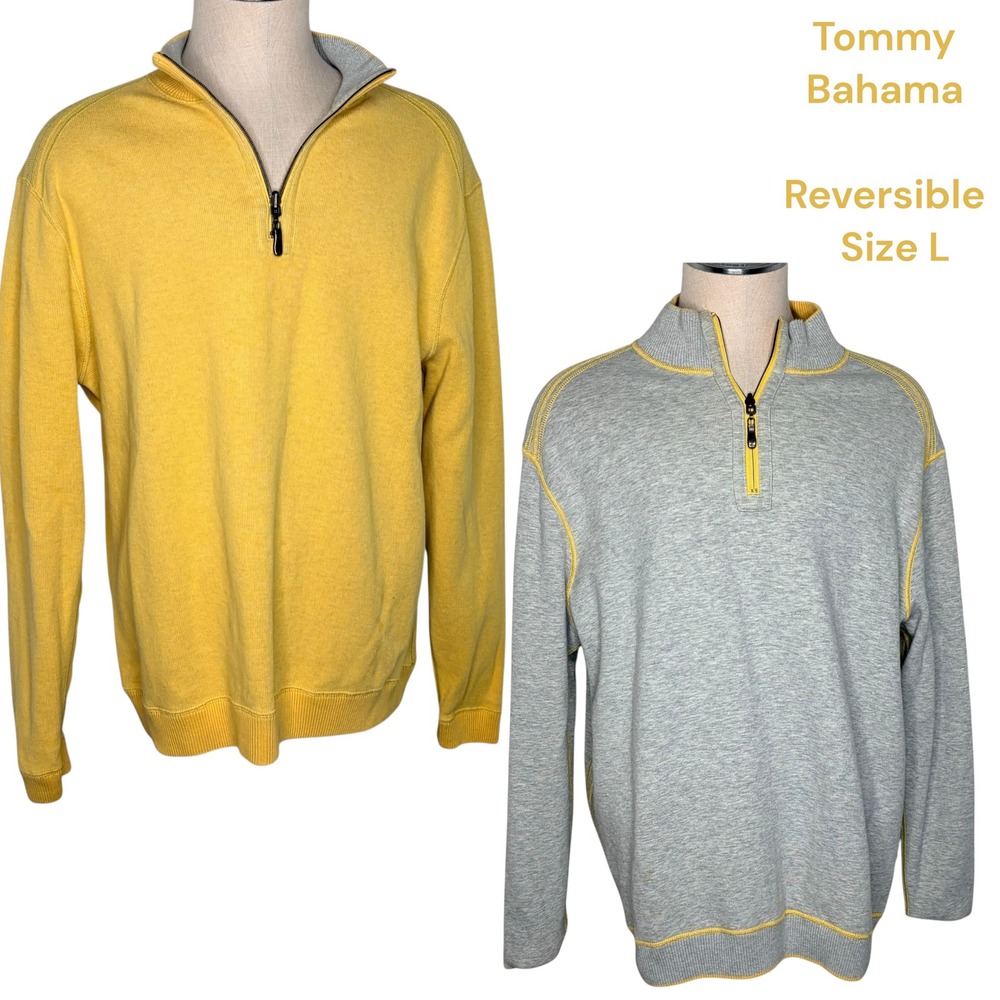 Tommy Bahama Reversible Quarter Zip Pullover Large Yellow‎ Gray Cotton TB21797